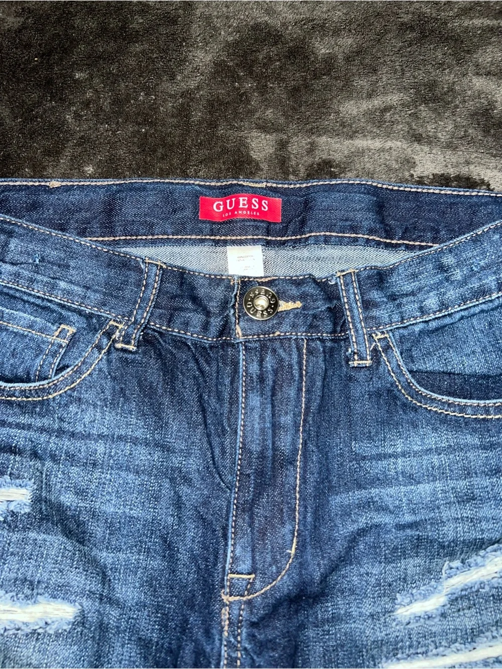 Guess Men's Distressed Dark Blue Denim Shorts